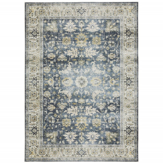7' X 10' Blue and Ivory Oriental Non Skid Area Rug