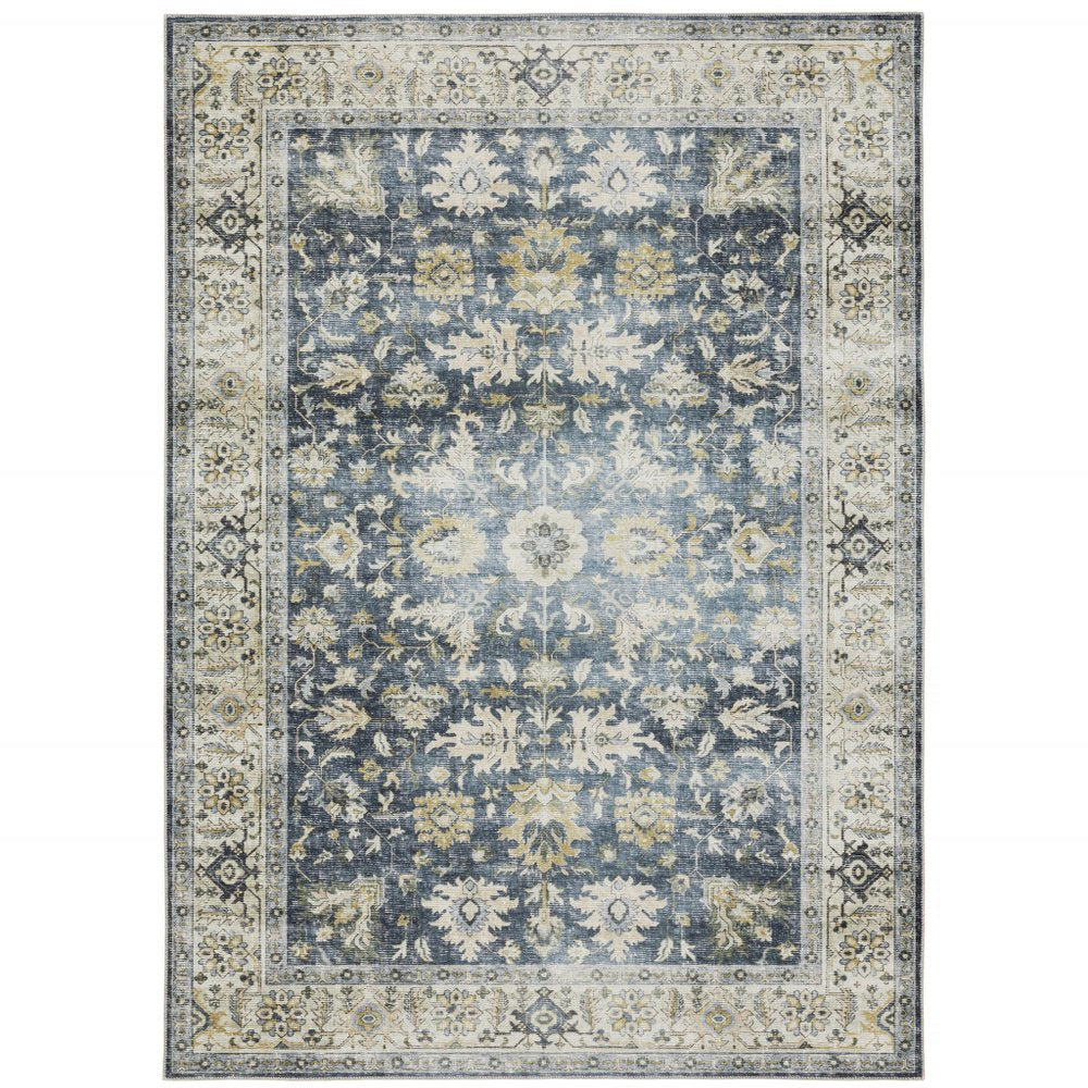 7' X 10' Blue and Ivory Oriental Non Skid Area Rug