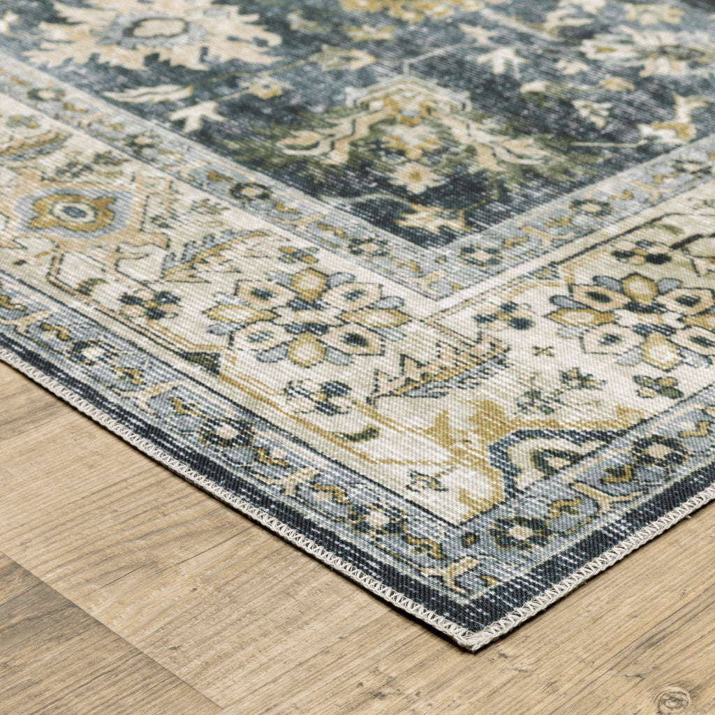 7' X 10' Blue Gold Green And Ivory Oriental Printed Stain Resistant Non Skid Area Rug