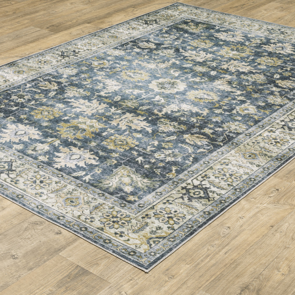 7' X 10' Blue Gold Green And Ivory Oriental Printed Stain Resistant Non Skid Area Rug
