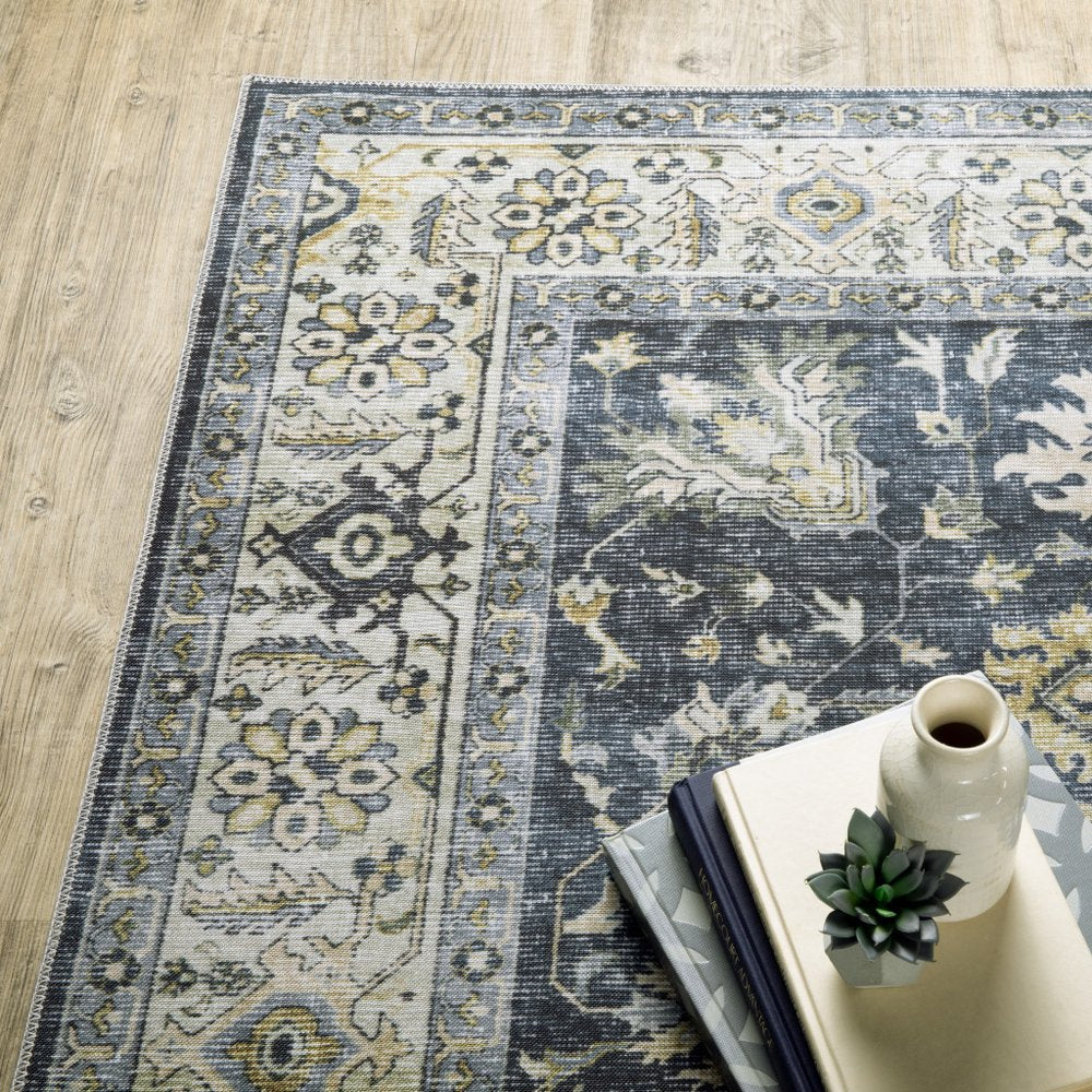 7' X 10' Blue and Ivory Oriental Non Skid Area Rug