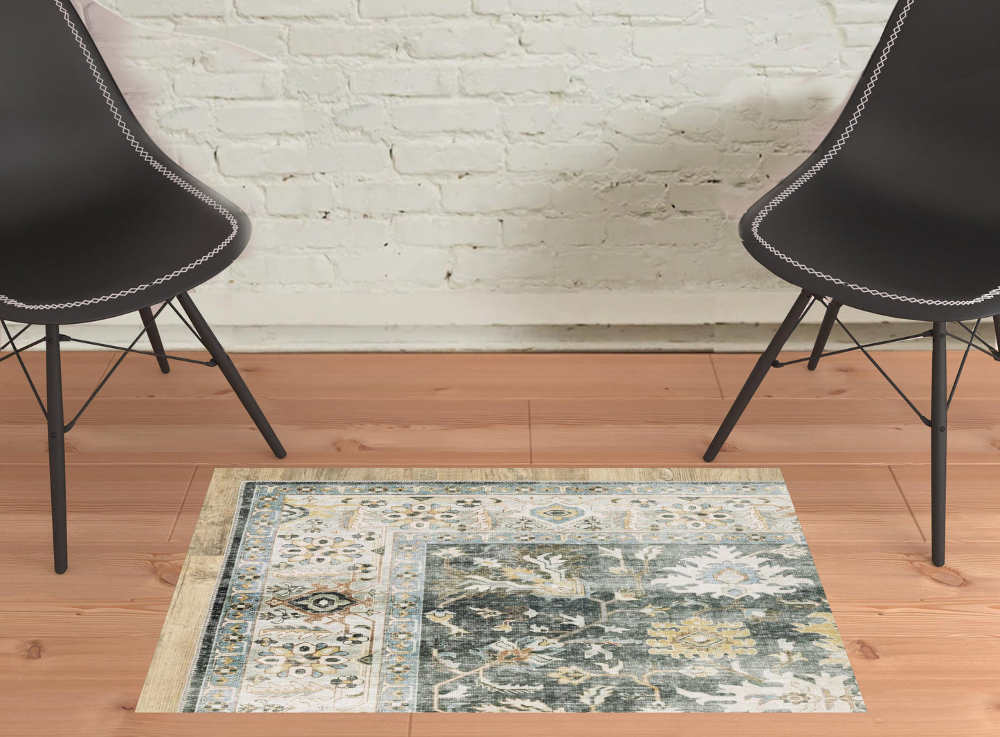 2' X 3' Grey Charcoal Gold Brown Ivory Pale Sage And Light Blue Oriental Printed Stain Resistant Non Skid Area Rug