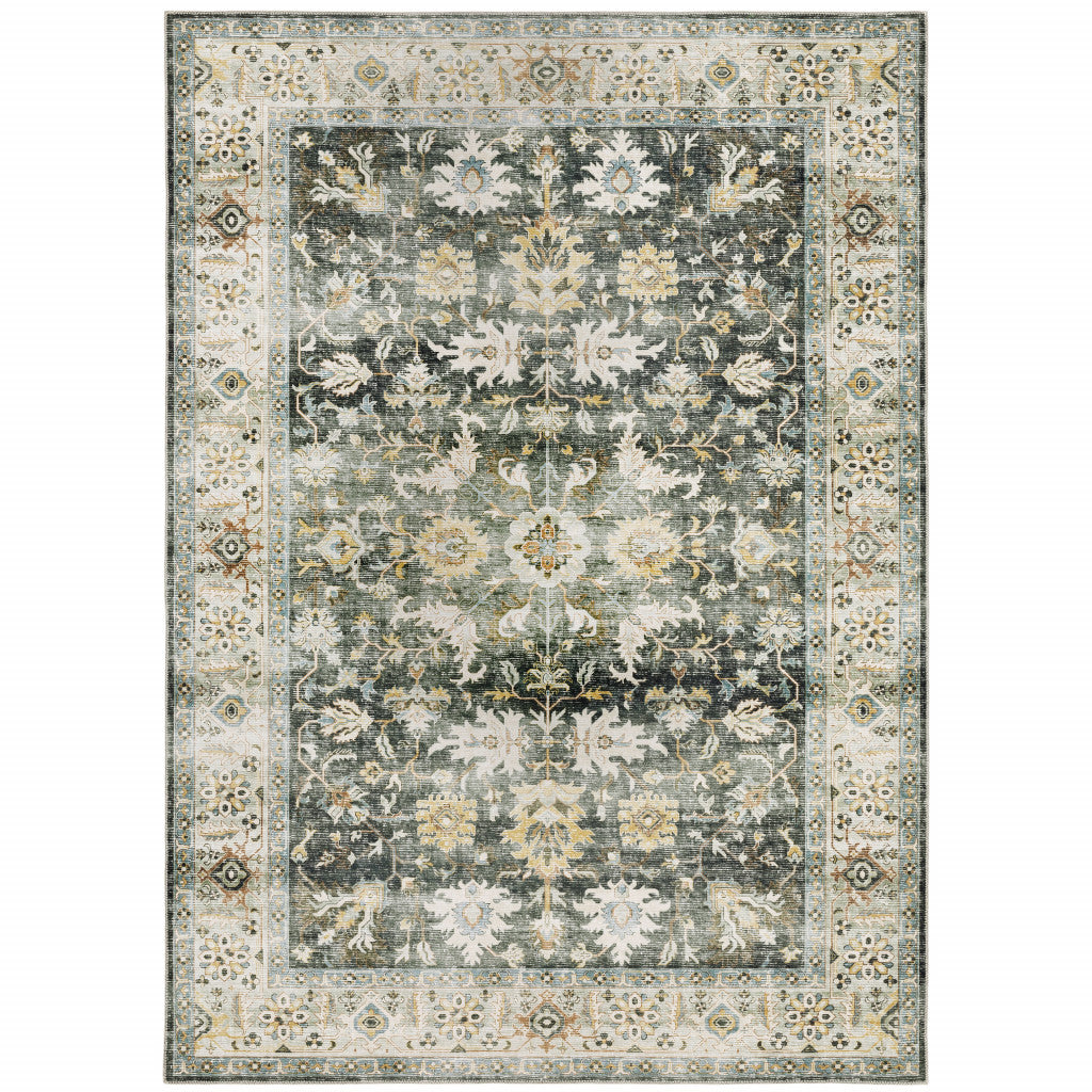 2' X 3' Grey Charcoal Gold Brown Ivory Pale Sage And Light Blue Oriental Printed Stain Resistant Non Skid Area Rug