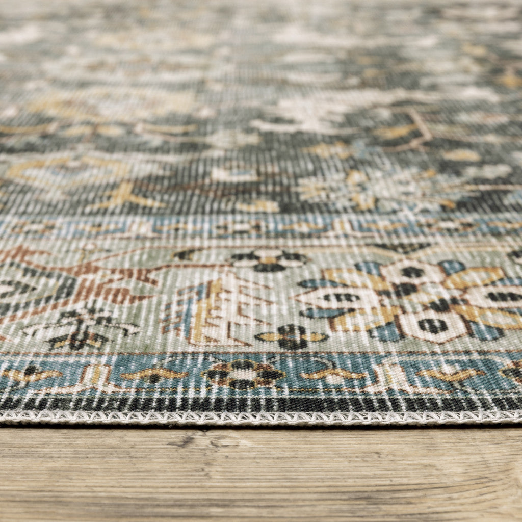 2' X 3' Grey Charcoal Gold Brown Ivory Pale Sage And Light Blue Oriental Printed Stain Resistant Non Skid Area Rug