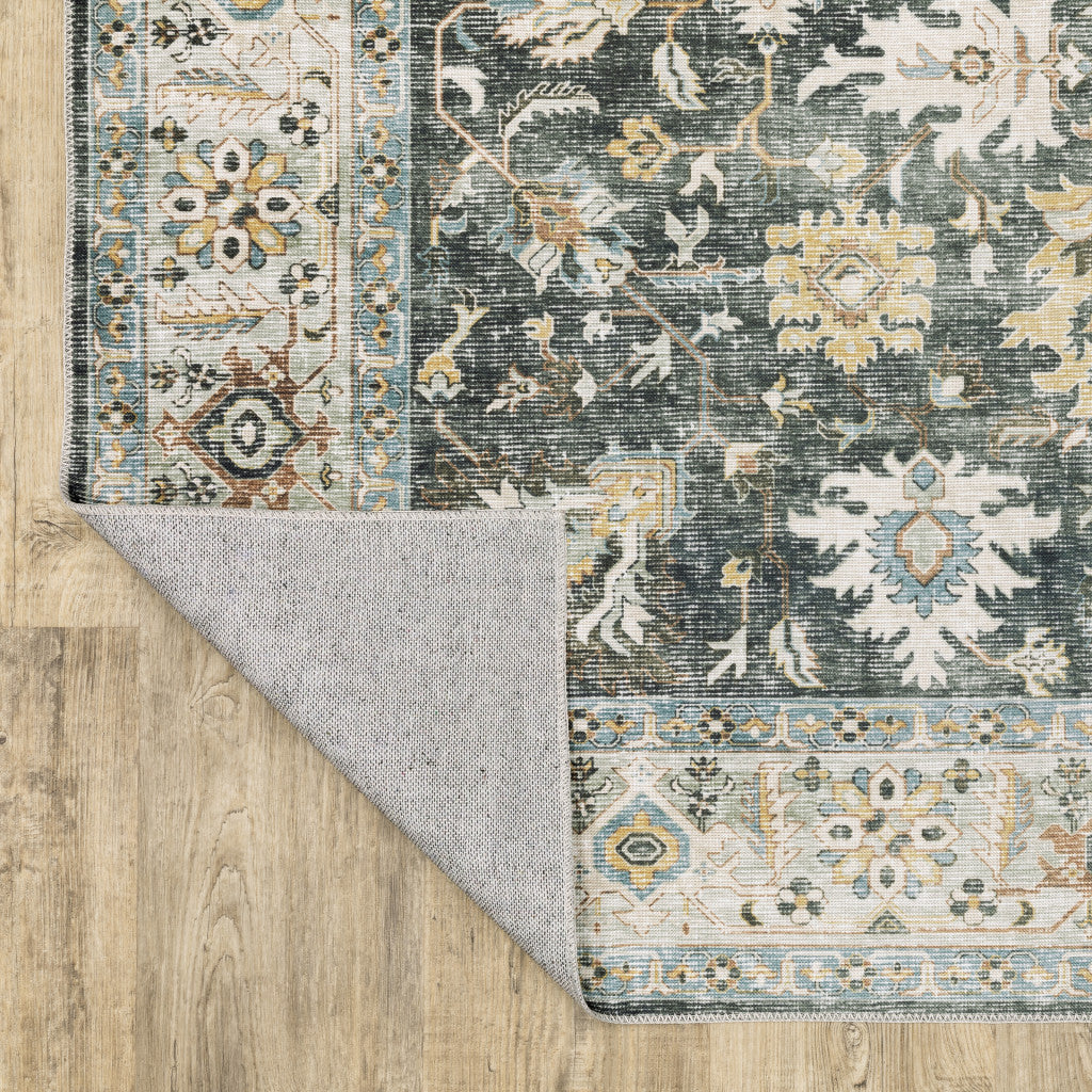 2' X 3' Grey Charcoal Gold Brown Ivory Pale Sage And Light Blue Oriental Printed Stain Resistant Non Skid Area Rug