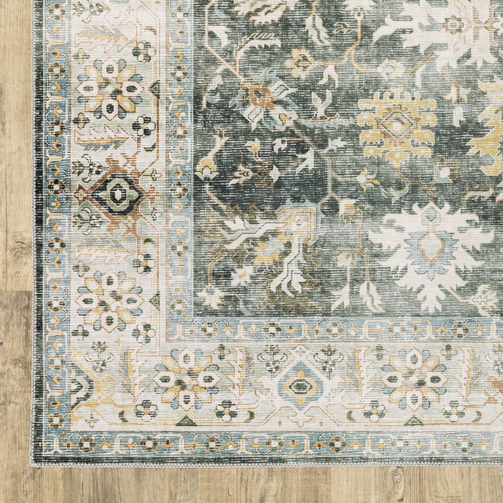 2' X 3' Grey Charcoal Gold Brown Ivory Pale Sage And Light Blue Oriental Printed Stain Resistant Non Skid Area Rug