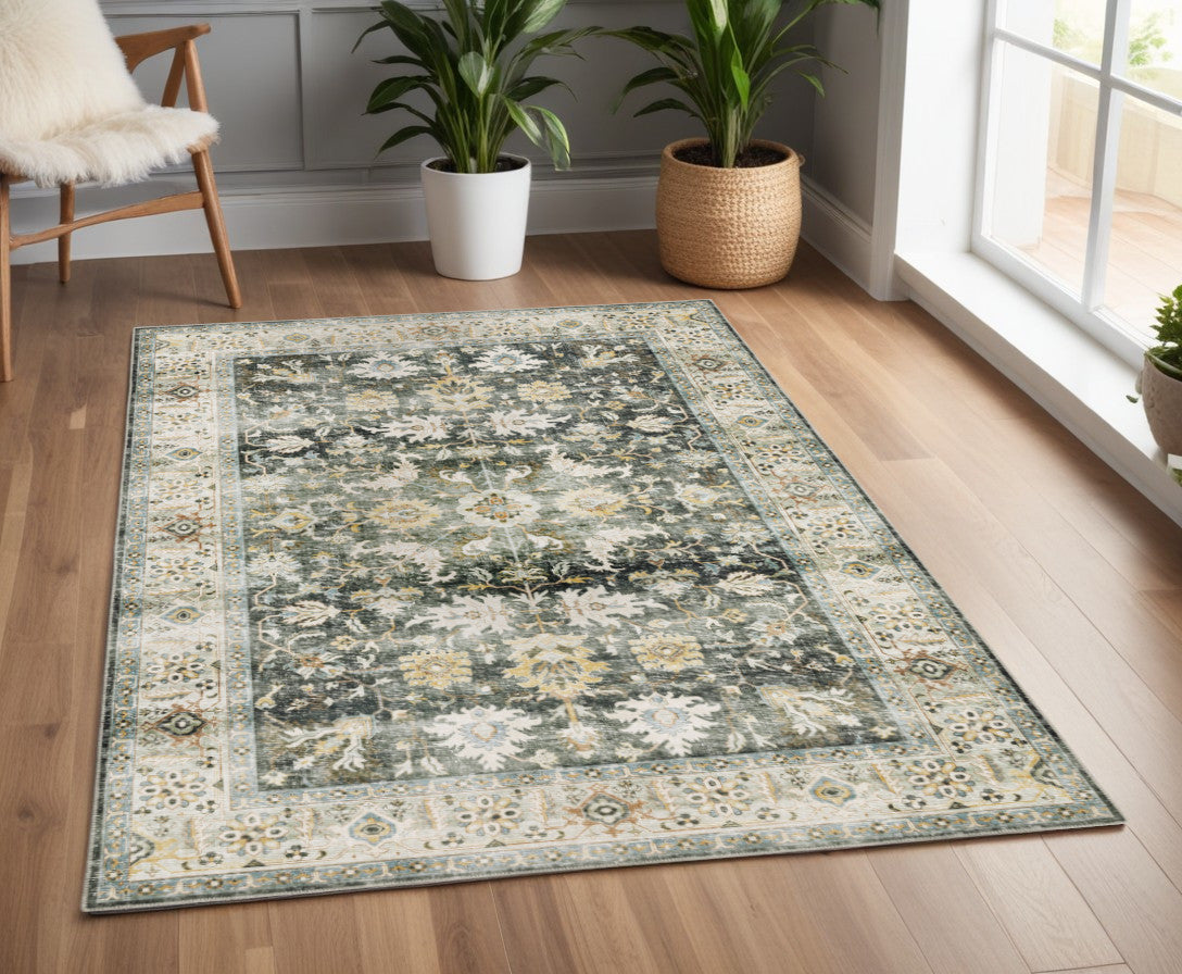 4' X 6' Grey Charcoal Gold Brown Ivory Pale Sage And Light Blue Oriental Printed Stain Resistant Non Skid Area Rug