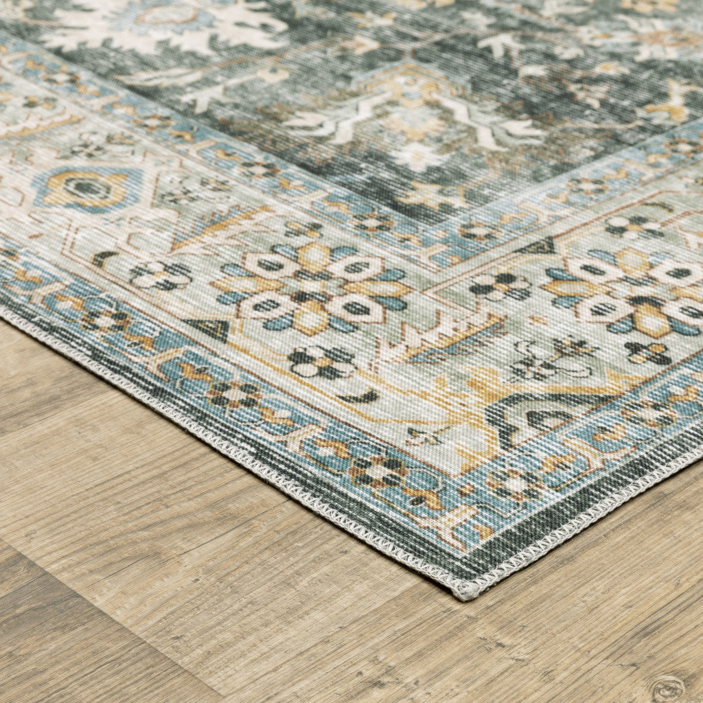 4' X 6' Grey Charcoal Gold Brown Ivory Pale Sage And Light Blue Oriental Printed Stain Resistant Non Skid Area Rug