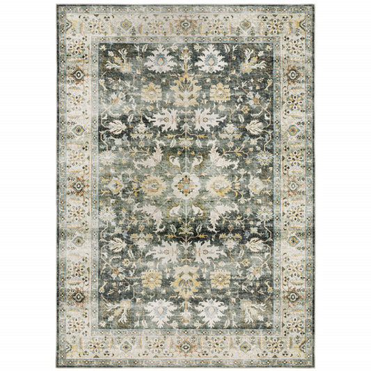 5' X 7' Grey Charcoal Gold Brown Ivory Pale Sage And Light Blue Oriental Printed Stain Resistant Non Skid Area Rug
