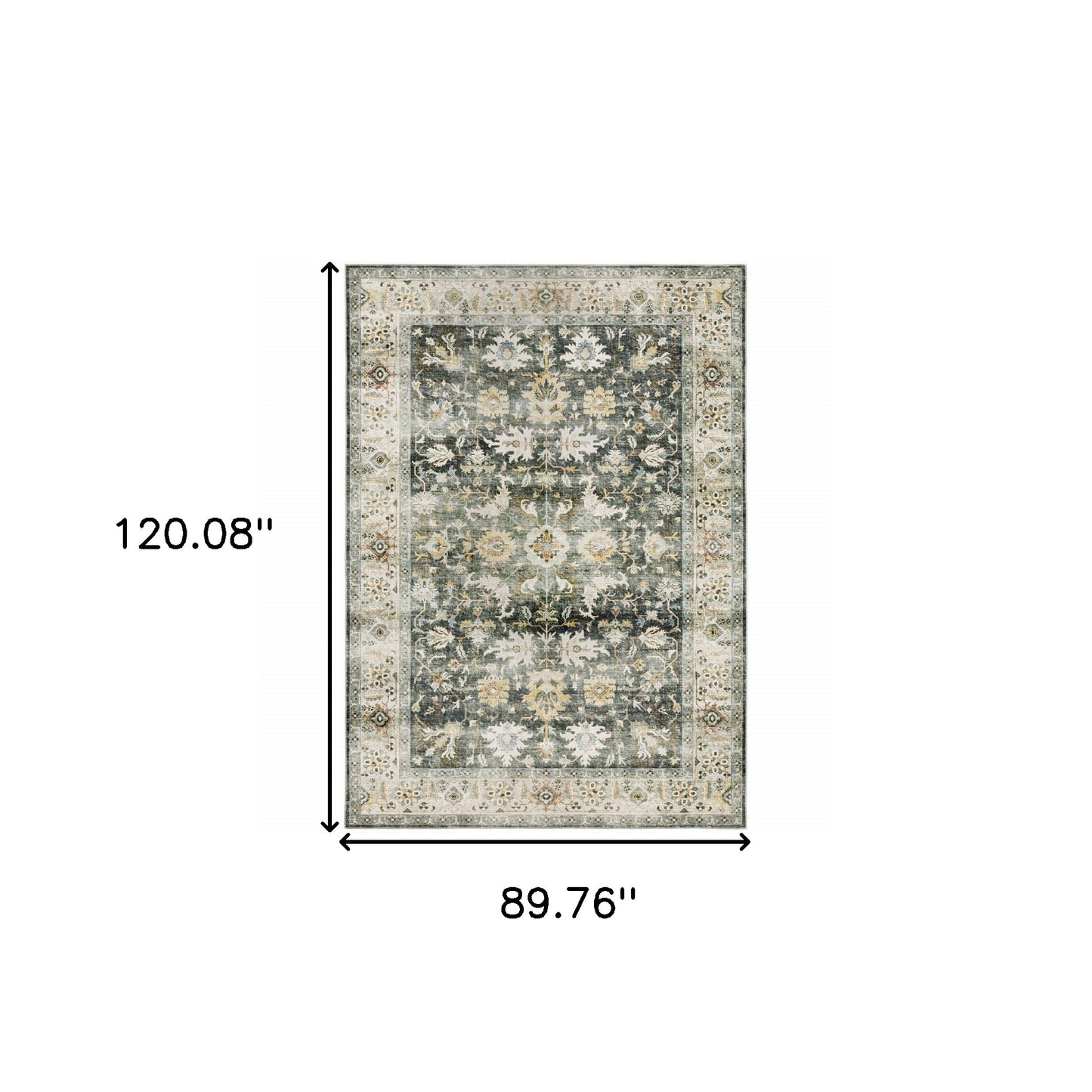 7' X 10' Grey Charcoal Gold Brown Ivory Pale Sage And Light Blue Oriental Printed Stain Resistant Non Skid Area Rug