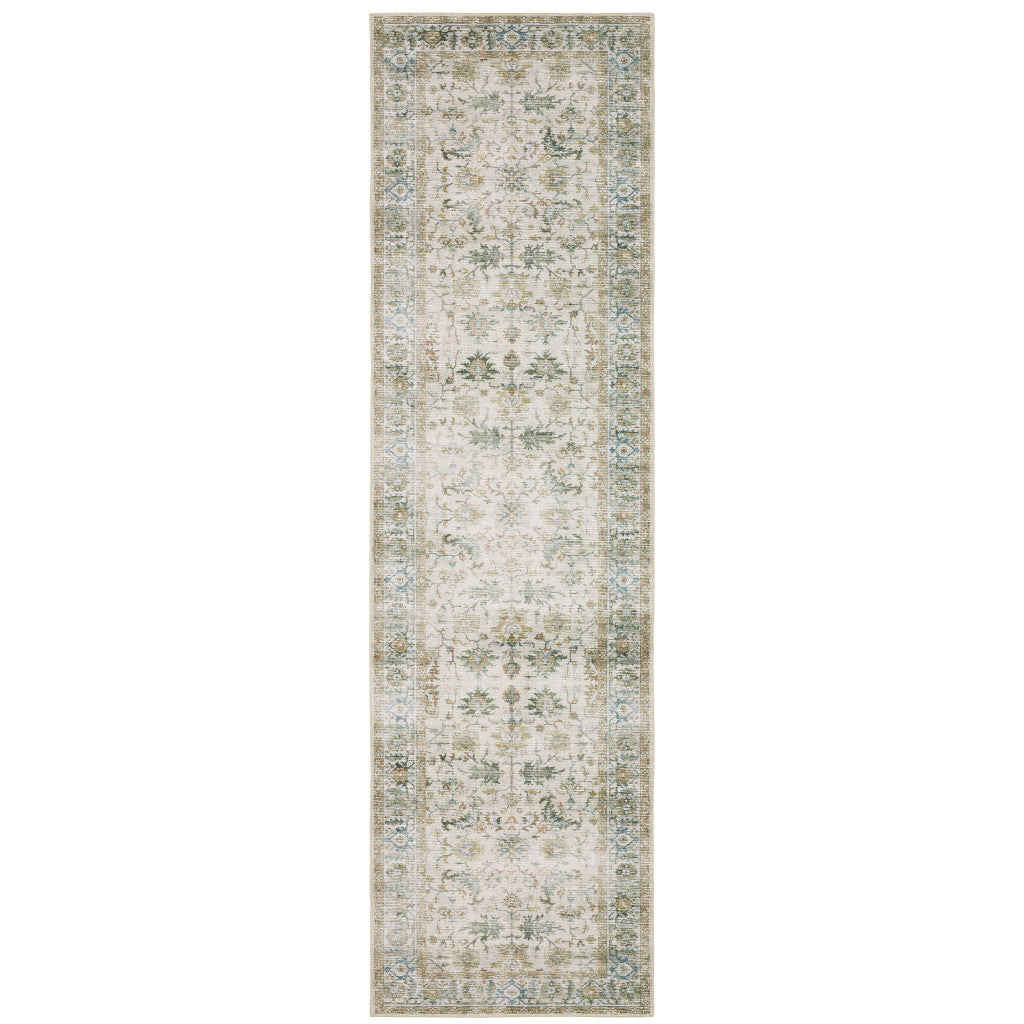 2' X 8' Grey Orange Blue Gold Green And Rust Oriental Printed Stain Resistant Non Skid Runner Rug