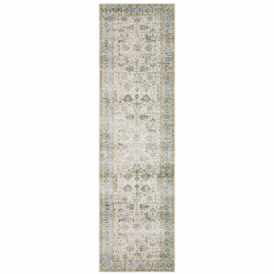 2' X 8' Grey Orange Blue Gold Green And Rust Oriental Printed Stain Resistant Non Skid Runner Rug