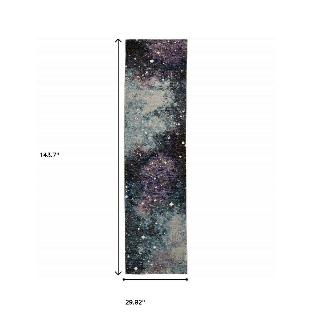 Galaxy-print scarf, long rectangular wrap in navy, purple, gray with white stars; 143.7 x 29.92 inches.
