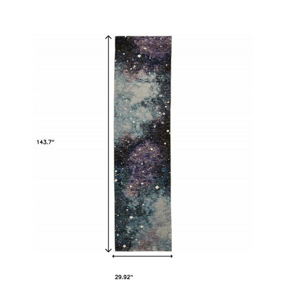 Galaxy-print scarf, long rectangular wrap in navy, purple, gray with white stars; 143.7 x 29.92 inches.