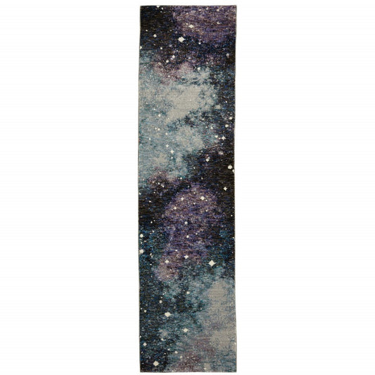 Galaxy-patterned abstract runner rug in purple, teal and brown, long rectangular.
