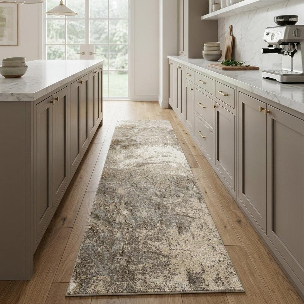 8' Gray And Ivory Abstract Runner Rug