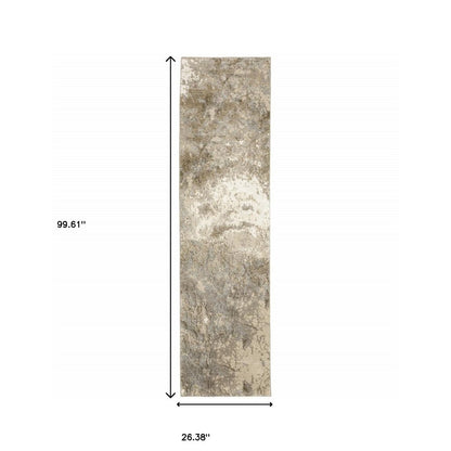 8' Gray And Ivory Abstract Runner Rug