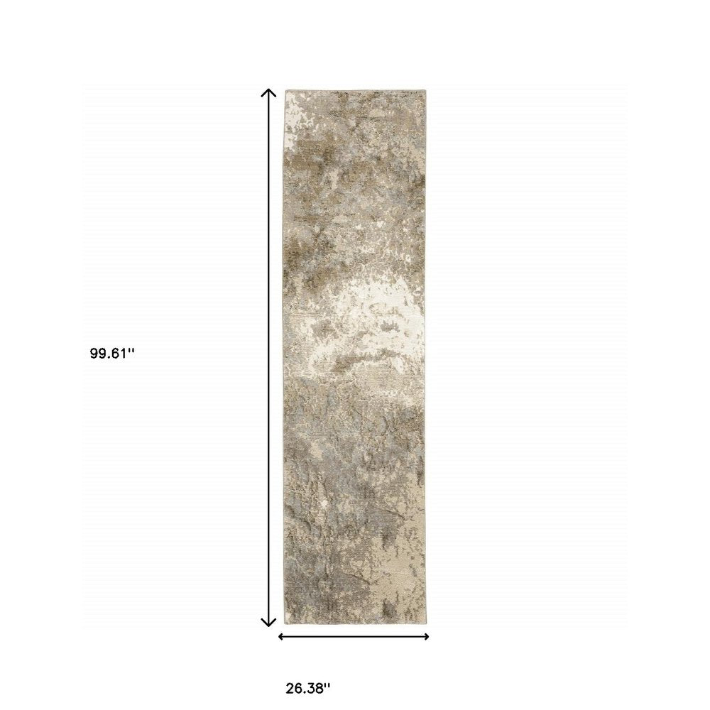 8' Gray And Ivory Abstract Runner Rug