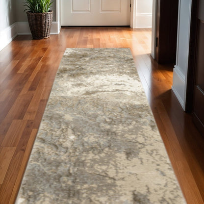 12' Gray Beige And Ivory Abstract Runner Rug