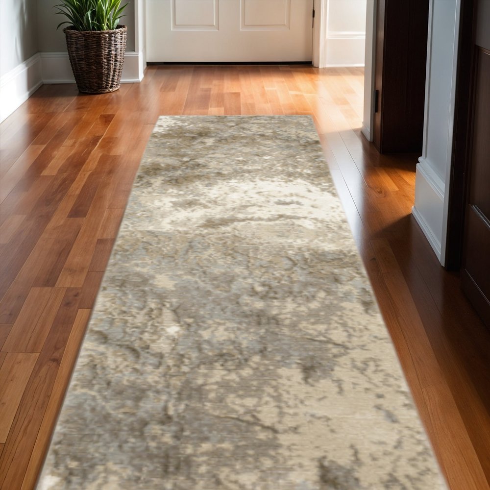 12' Gray Beige And Ivory Abstract Runner Rug