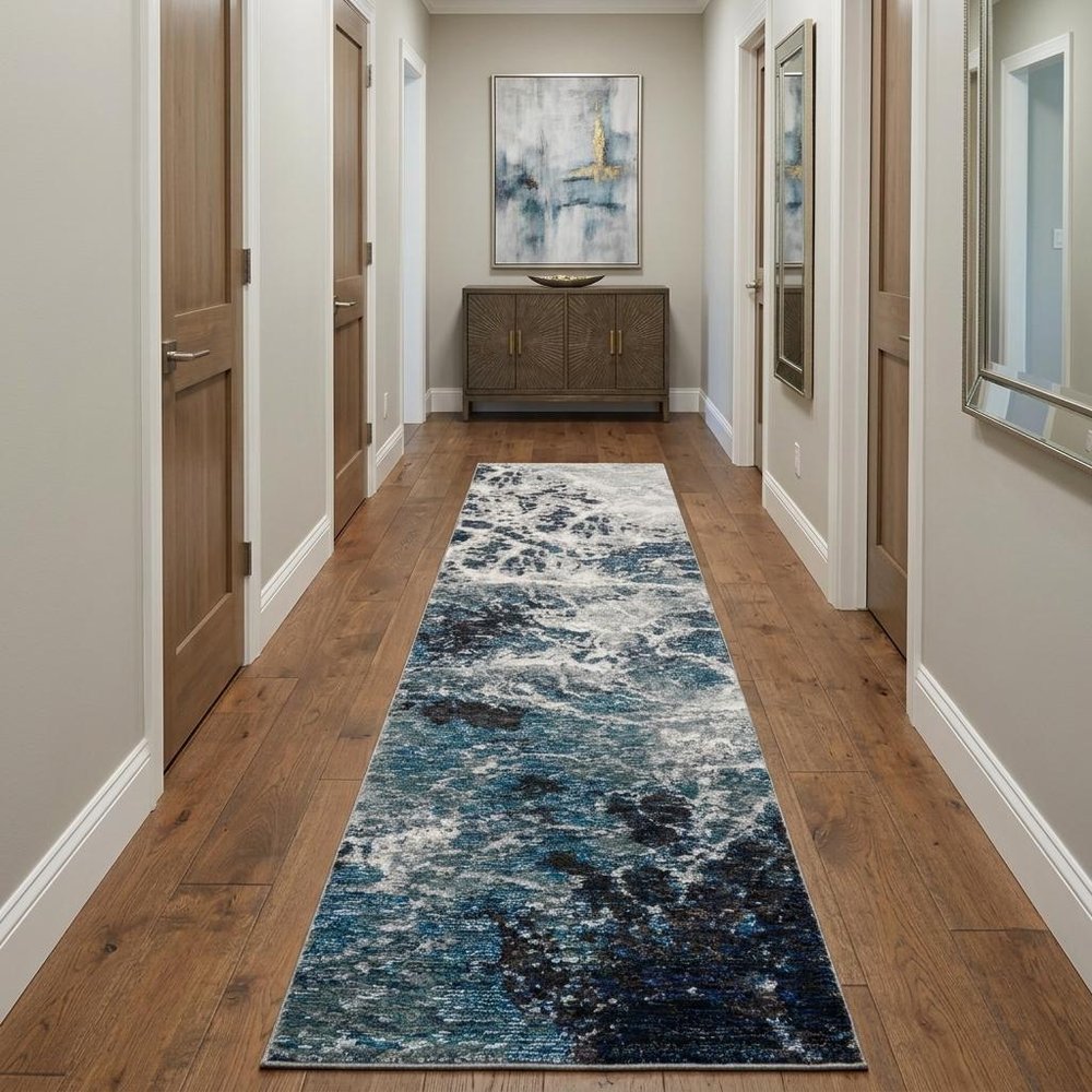 12' Gray Teal And Green Abstract Runner Rug