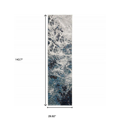 12' Gray Teal And Green Abstract Runner Rug