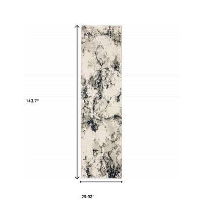 12' Gray Black And Ivory Abstract Runner Rug