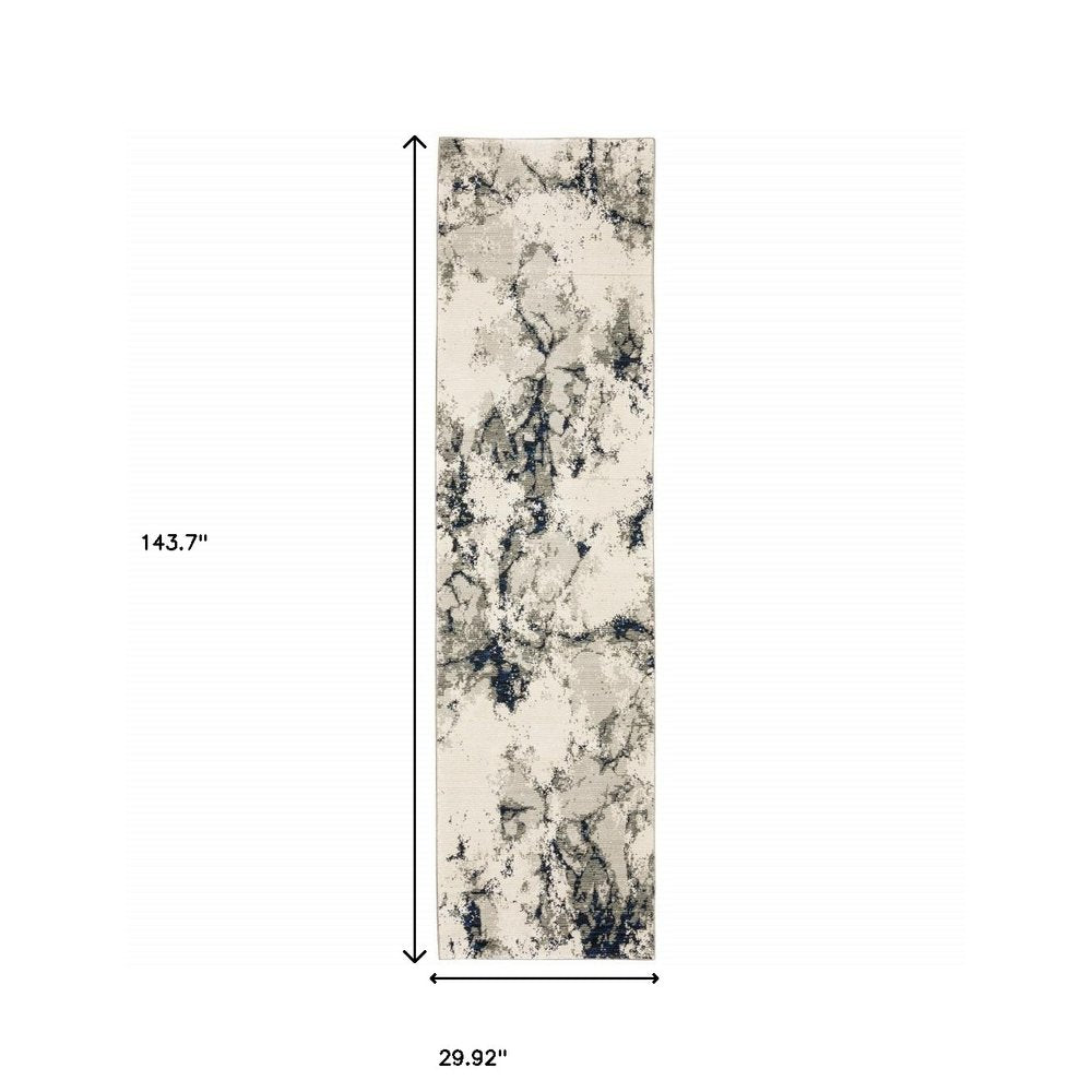 12' Gray Black And Ivory Abstract Runner Rug