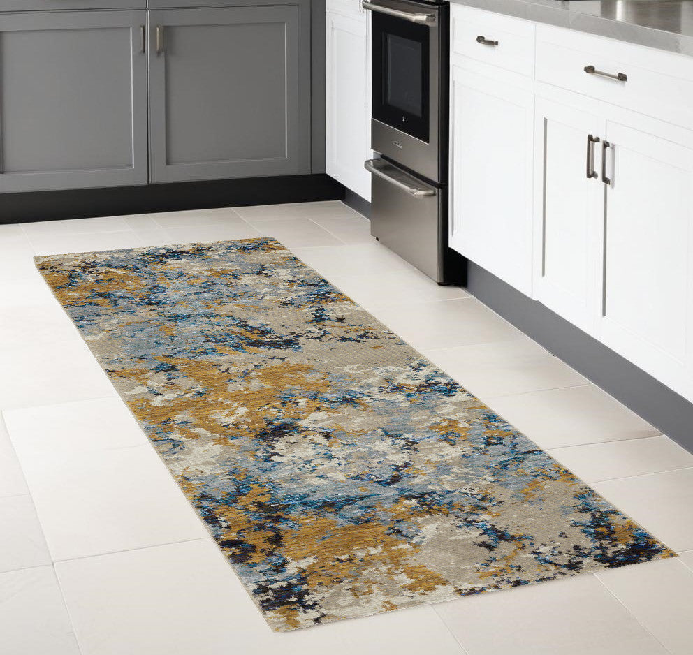 8' Runner Gray and Ivory Abstract Power Loom Runner Rug