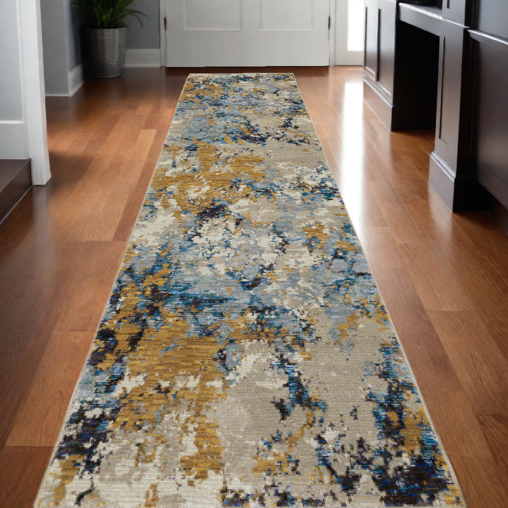 12' Runner Gold Grey and Ivory Abstract Power Loom Runner Rug