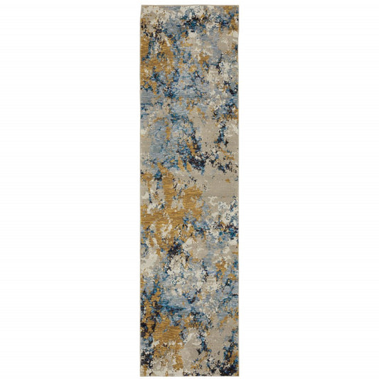 12' Gold Gray And Ivory Abstract Runner Rug