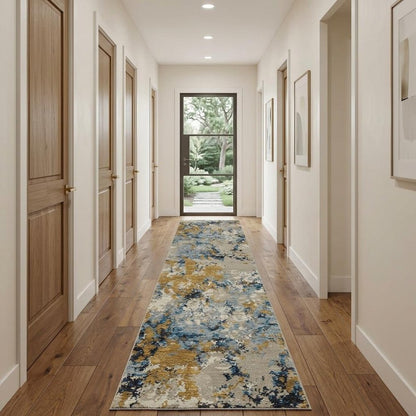 12' Gold Gray And Ivory Abstract Runner Rug
