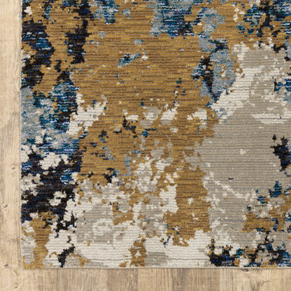 12' Gold Gray And Ivory Abstract Runner Rug