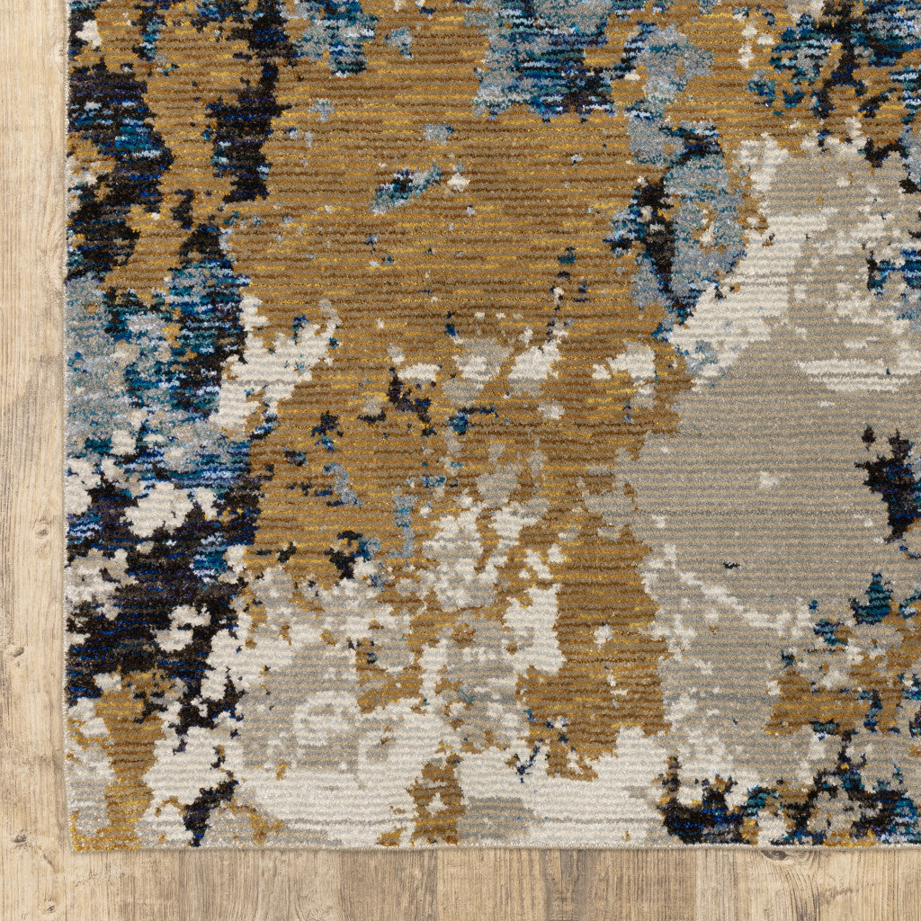 12' Runner Gold Grey and Ivory Abstract Power Loom Runner Rug