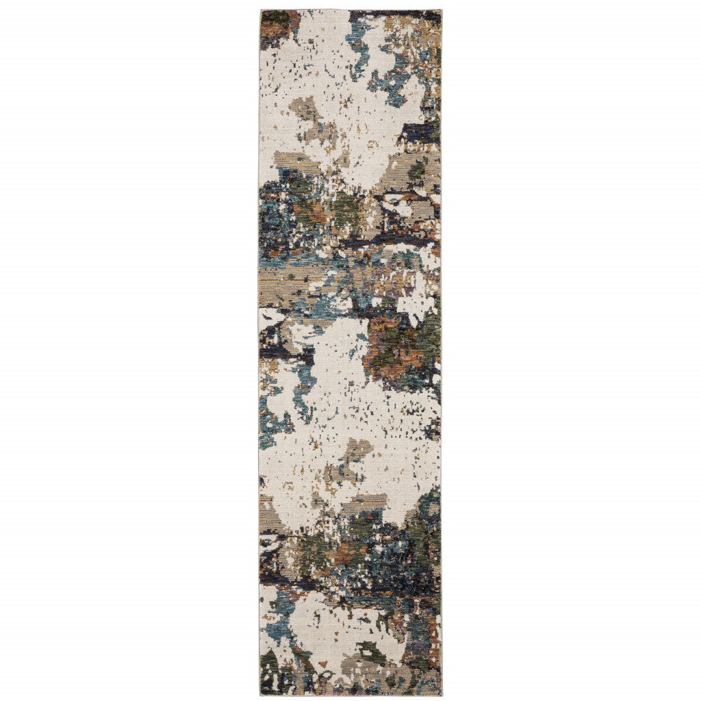 8' Runner Blue and Ivory Abstract Power Loom Runner Rug