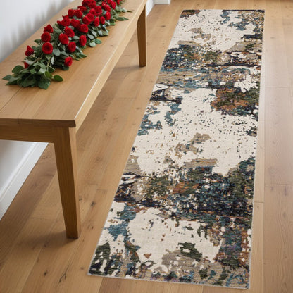 8' Blue And Ivory Abstract Runner Rug