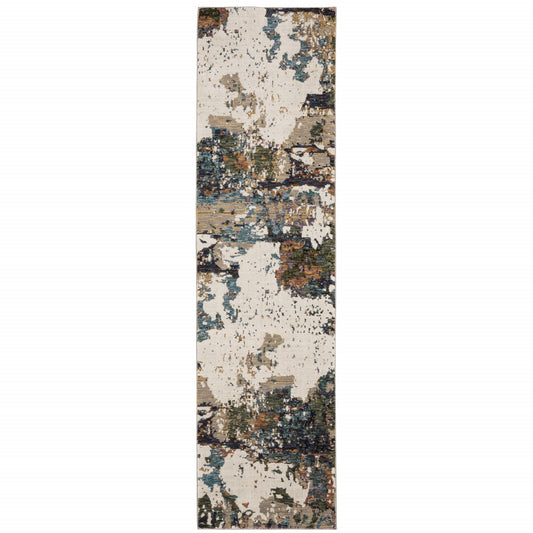 12' Runner Green Gold and Blue Abstract Power Loom Runner Rug