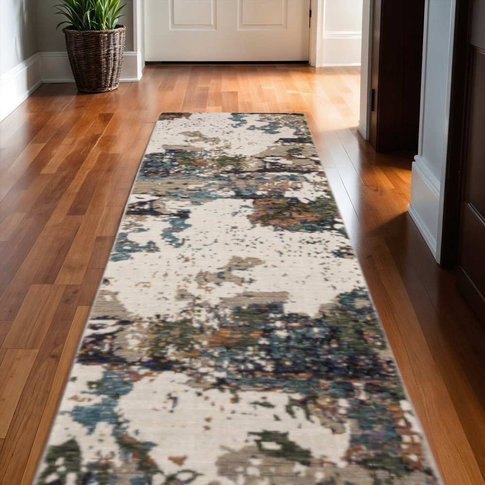 12' Green Gold And Blue Abstract Runner Rug