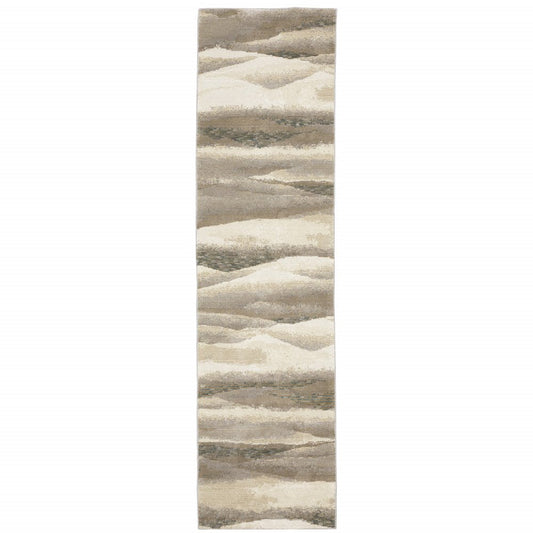 12' long gray, blue and teal abstract runner rug.