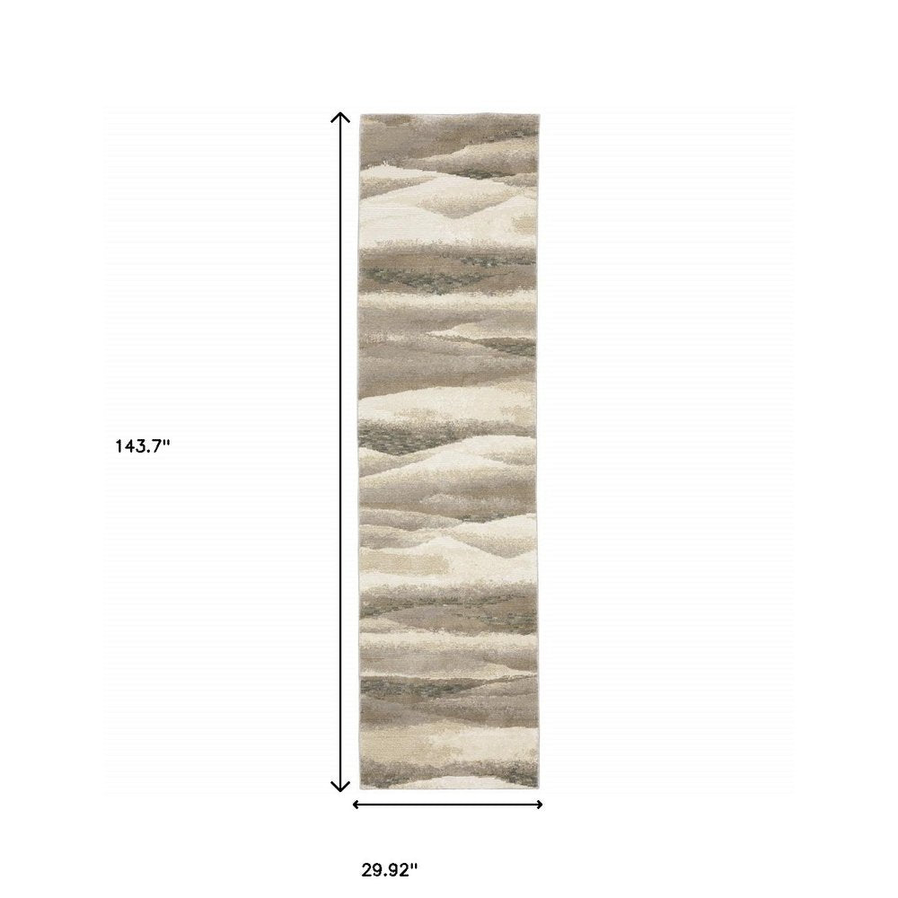 Gray blue and teal abstract runner rug with a dune pattern; length 143.7 inches, width 29.92 inches.