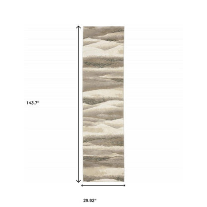 Gray blue and teal abstract runner rug with a dune pattern; length 143.7 inches, width 29.92 inches.