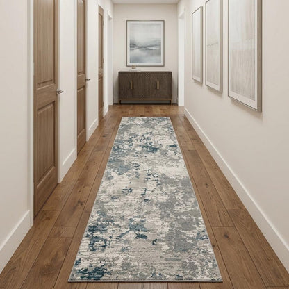 12' Blue Beige And Teal Abstract Runner Rug