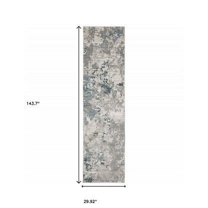 12' Blue Beige And Teal Abstract Runner Rug
