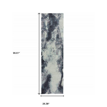 8' Blue And Ivory Abstract Runner Rug