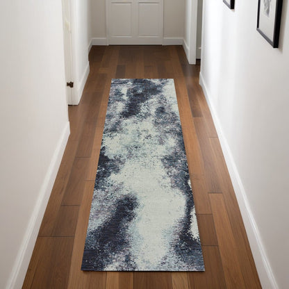 8' Blue And Ivory Abstract Runner Rug