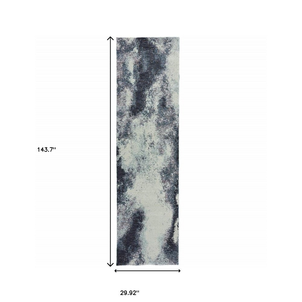 Rectangular runner rug with abstract charcoal, blue-grey and ivory pattern; modern distressed look, 143.7in x 29.92in