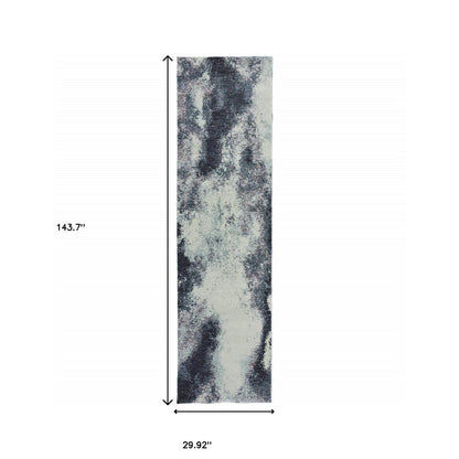 Rectangular runner rug with abstract charcoal, blue-grey and ivory pattern; modern distressed look, 143.7in x 29.92in