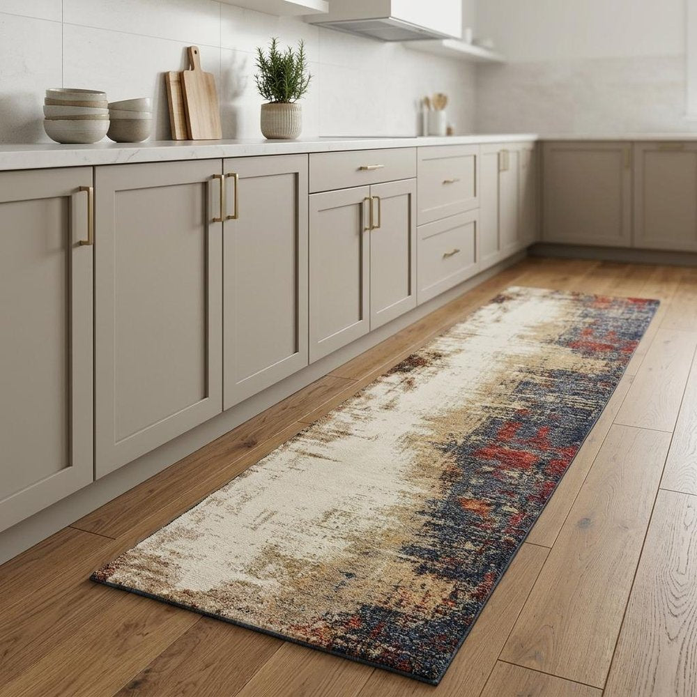 8' Blue And Beige Abstract Runner Rug