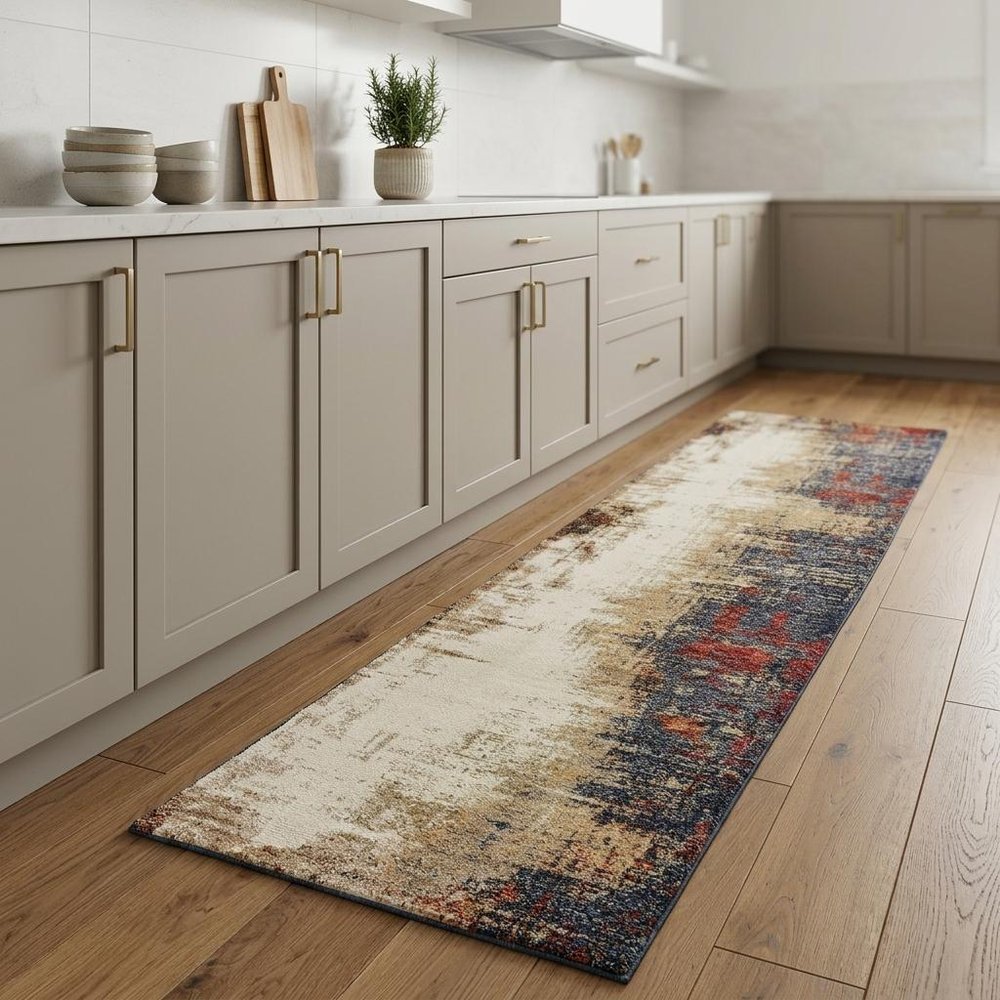 8' Blue And Beige Abstract Runner Rug