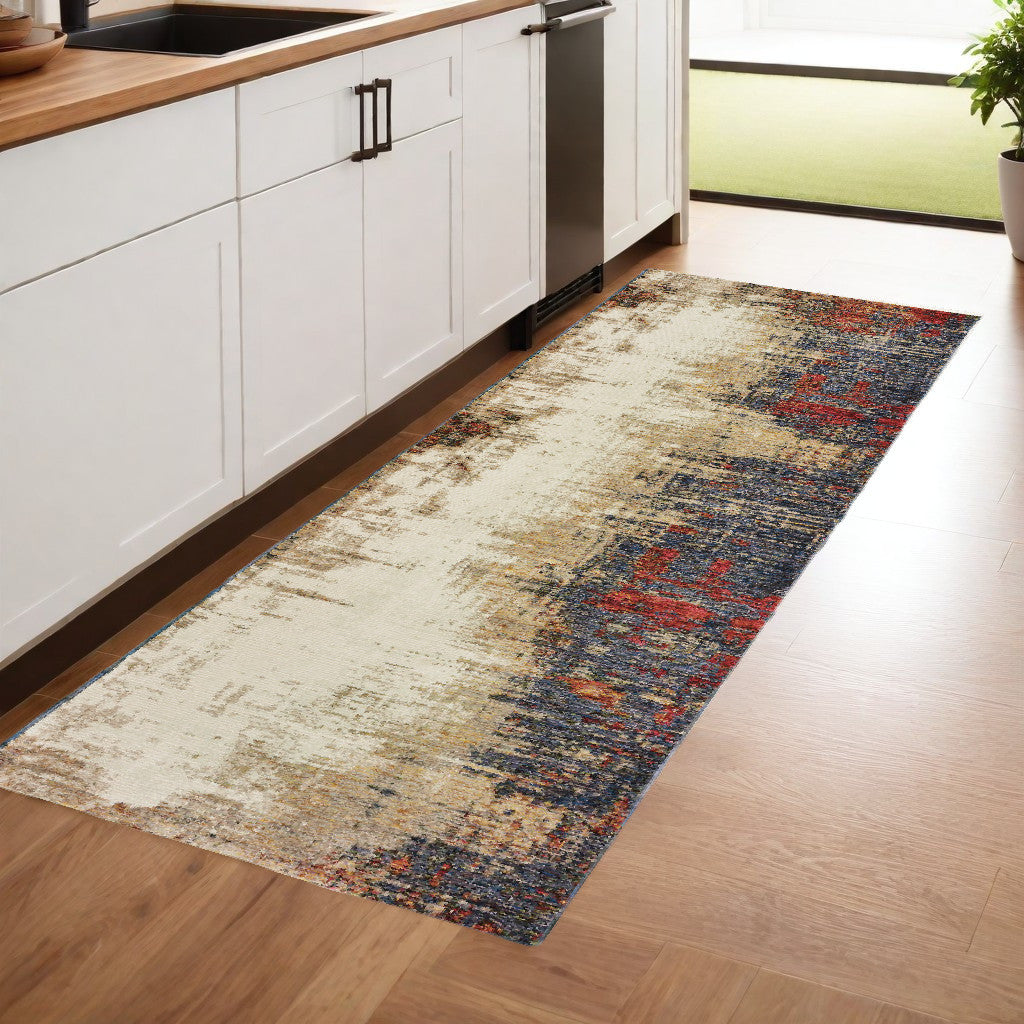 8' Runner Blue and Beige Abstract Power Loom Runner Rug